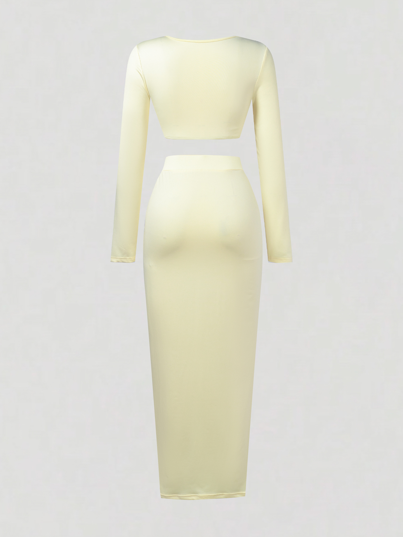 Square-neck long-sleeve two-piece set, fitted crop top, bodycon long skirt, solid color slim-fit suit-Aegean-sea