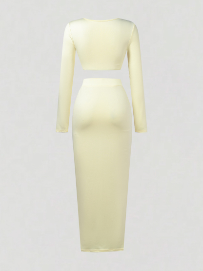 Square-neck long-sleeve two-piece set, fitted crop top, bodycon long skirt, solid color slim-fit suit-Aegean-sea