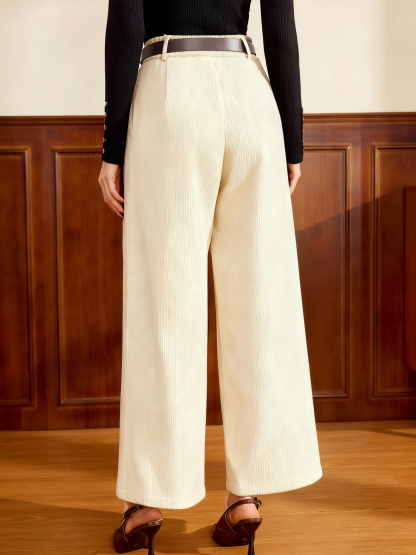 Women's Elegant Corduroy High Waisted Pleated Wide Leg Pants with D-Ring Belt