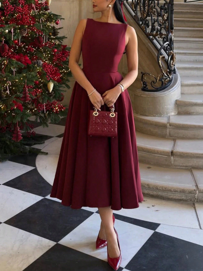 Wine-red boat-collared sleeveless mid-length skirt with flowing waist, a high-end banquet-style dress
