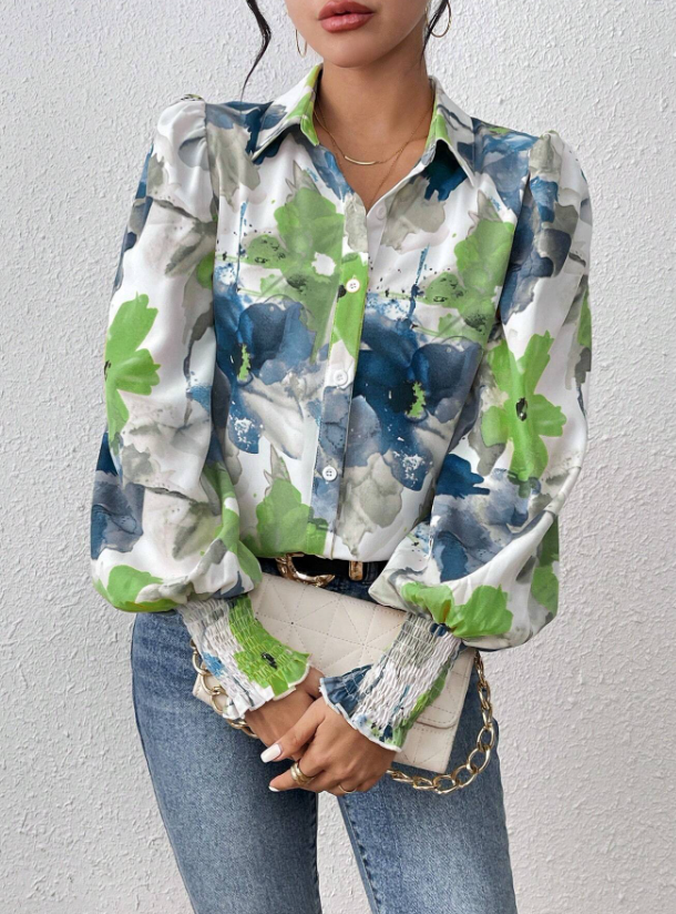 Women's Watercolor Floral Print Blouse - Puff Sleeve Shirred Cuff Button Up Shirt