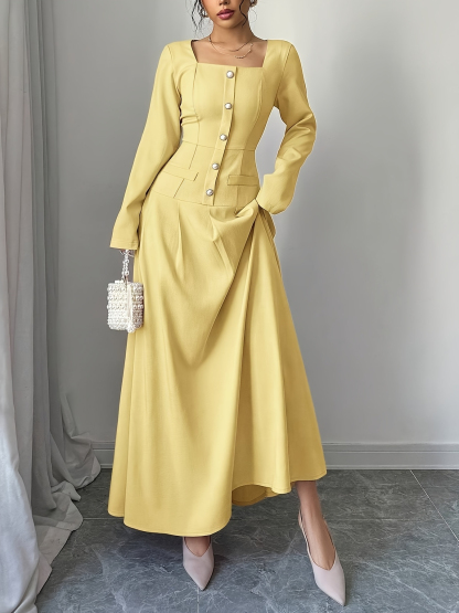 Yellow square-collared, wide-waisted long skirt, long-sleeved single-breasted style dress