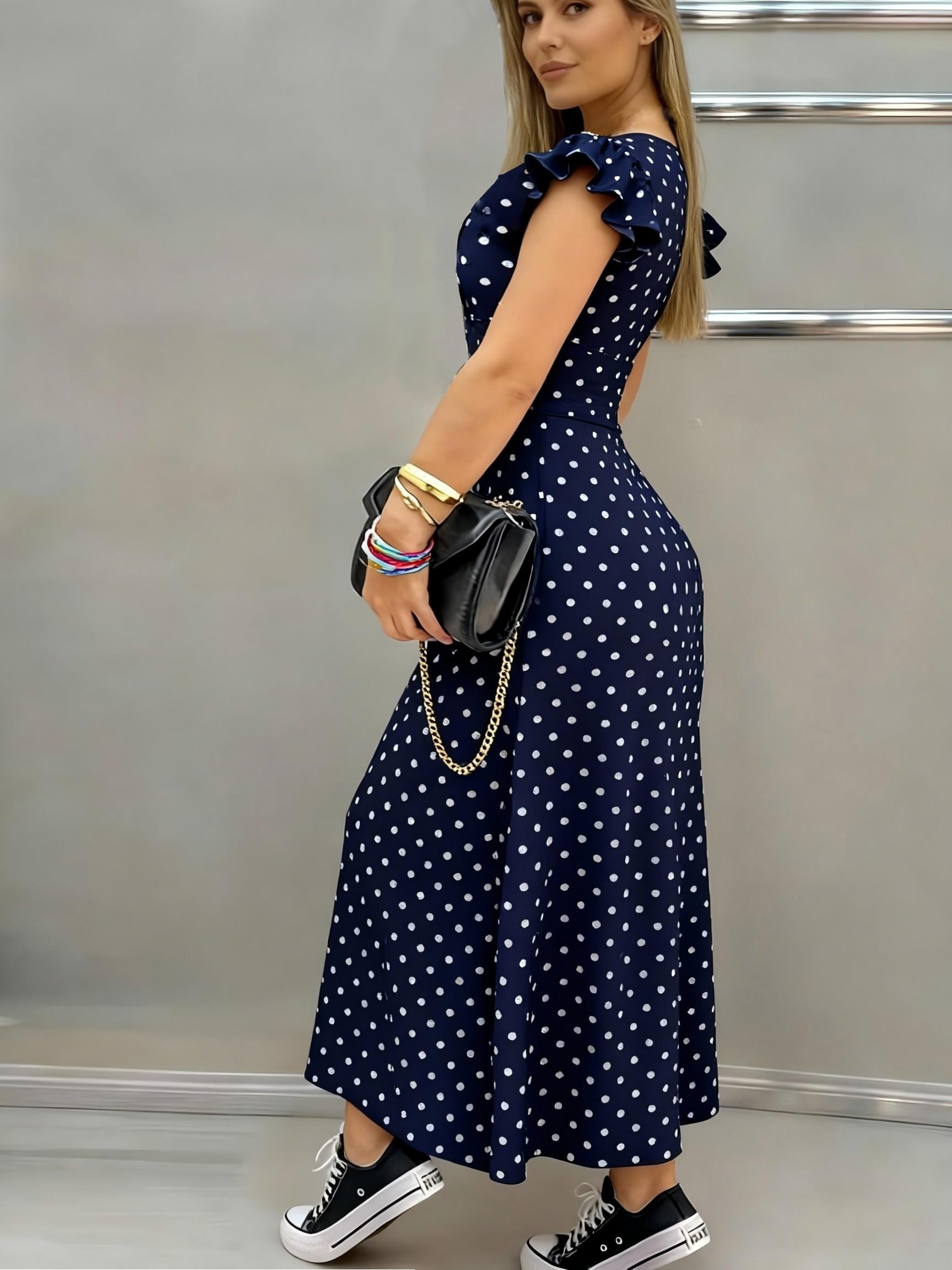 Navy Blue Polka Dot V-neck Ruffle Hem Dress, Vintage Long Dress