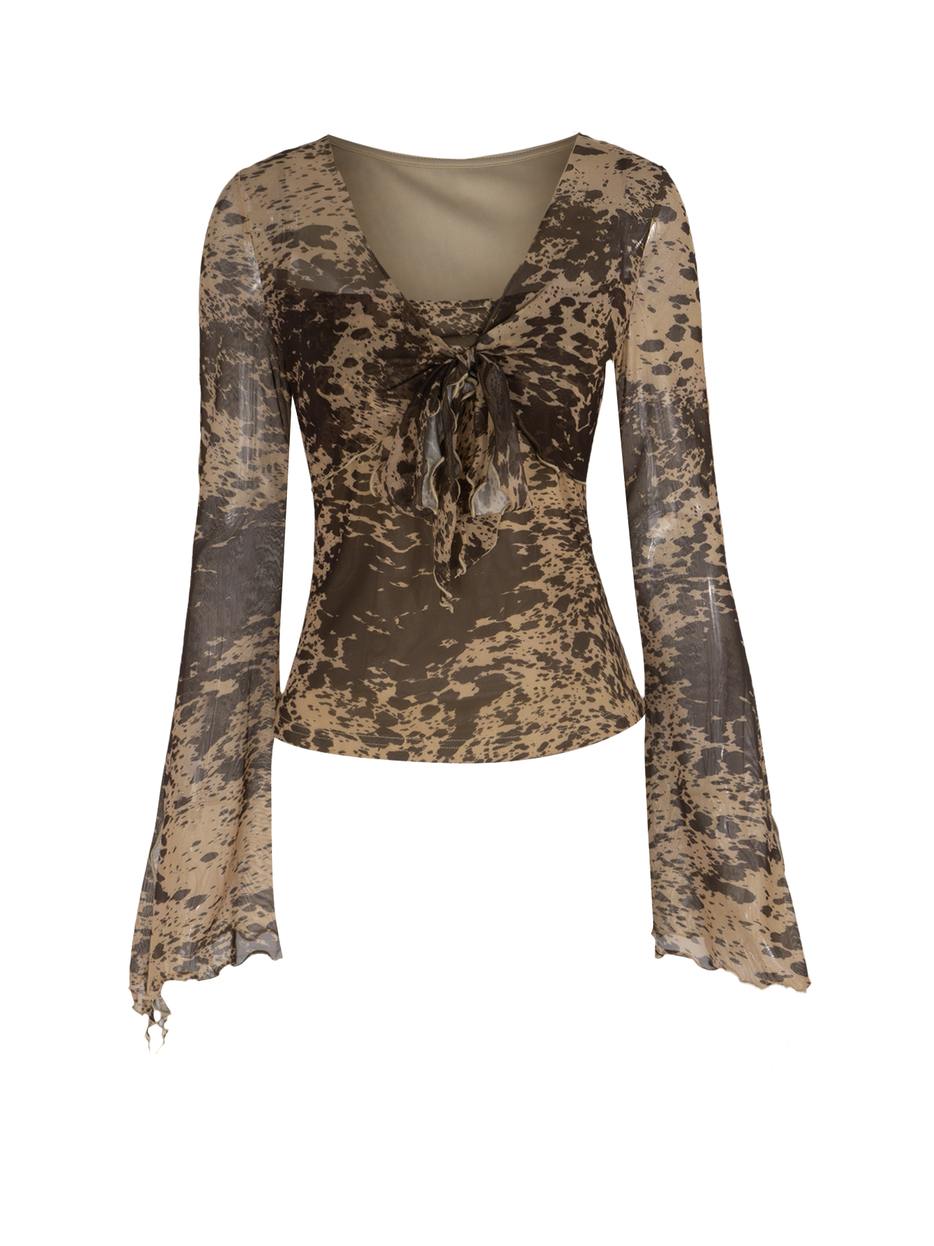 Tie Front Sheer Print Blouse - Square Neck Bell Sleeve Slim Fit Women's Top-Aegean-sea