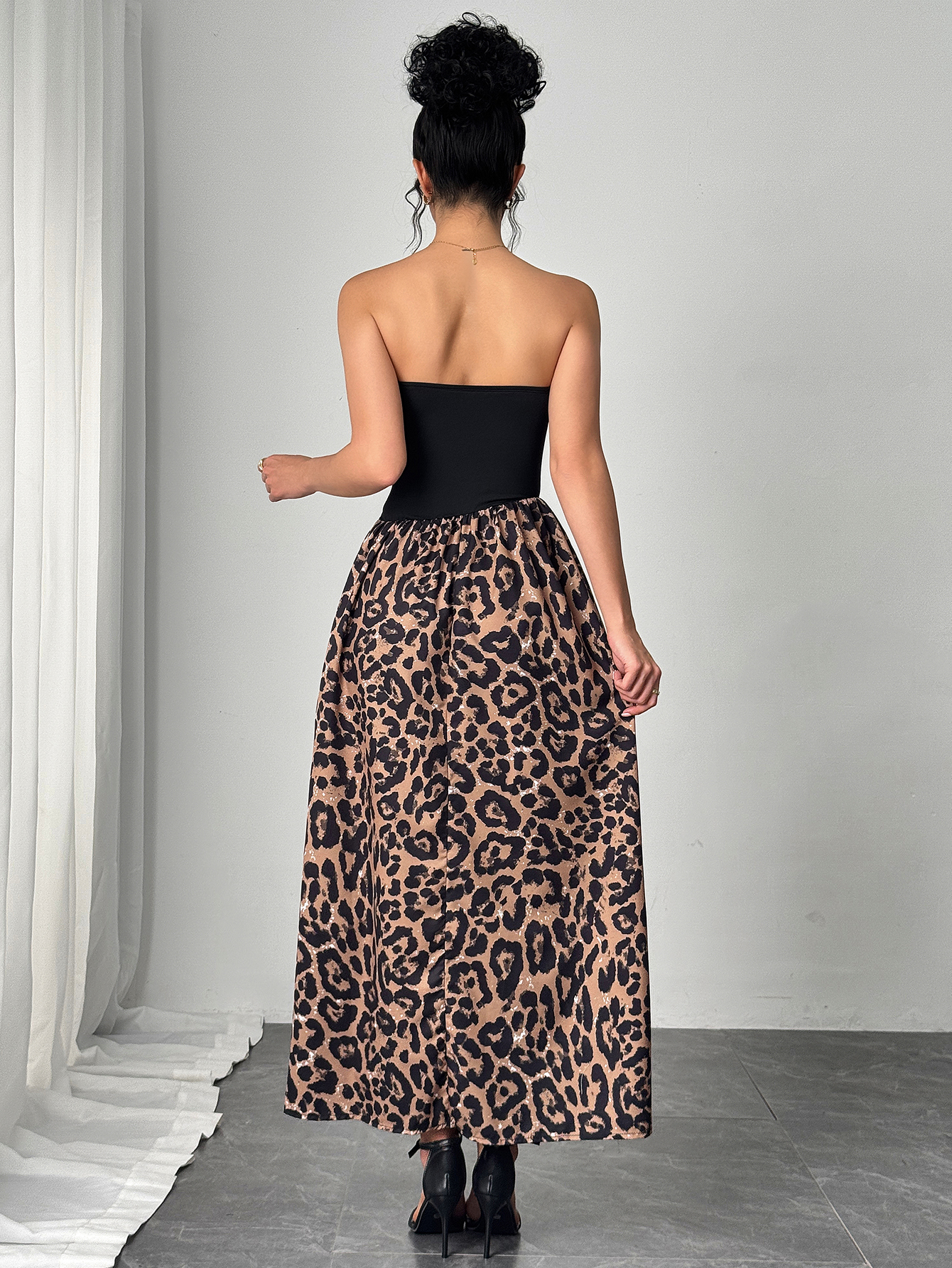 Woman's Black Strapless & Leopard Print Sequin Maxi Dress-Aegean-sea