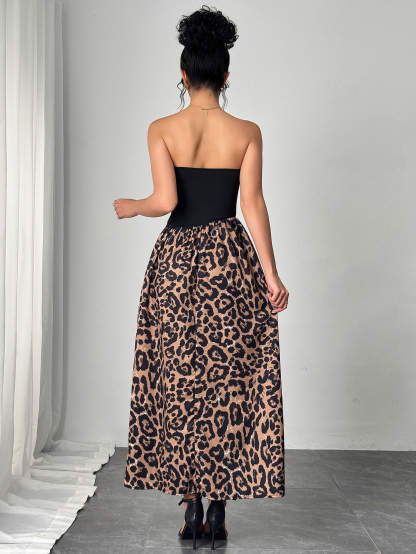 Woman's Black Strapless & Leopard Print Sequin Maxi Dress-Aegean-sea