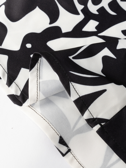 Women's Black and White Floral Print Belted Kimono-Style Blouse-Aegean-sea