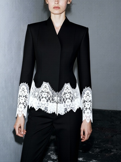 2026 Spring/Summer New Arrival: Elegant Commuter-Style Long-Sleeved Slim-Fit Stand Collar Lace-Trimmed Color-Blocked Blazer