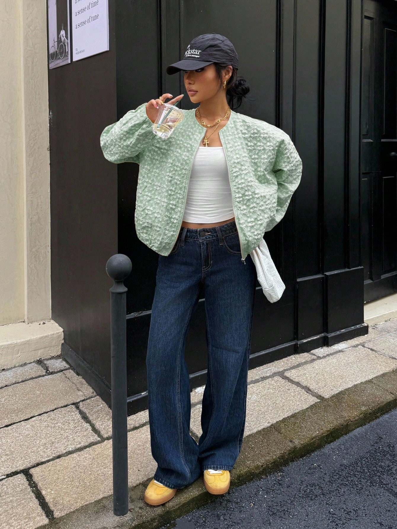 Light Green Textured Floral Puff Sleeve Zip-Up Jacket-Aegean-sea