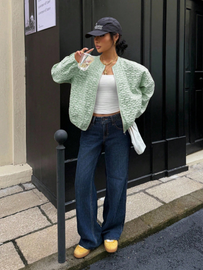 Light Green Textured Floral Puff Sleeve Zip-Up Jacket-Aegean-sea