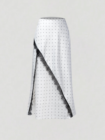 2026 Spring/Summer New Arrival: Elegant Commuter-Style Midi Skirt with Lace Trim and Color-Blocking Satin Lace