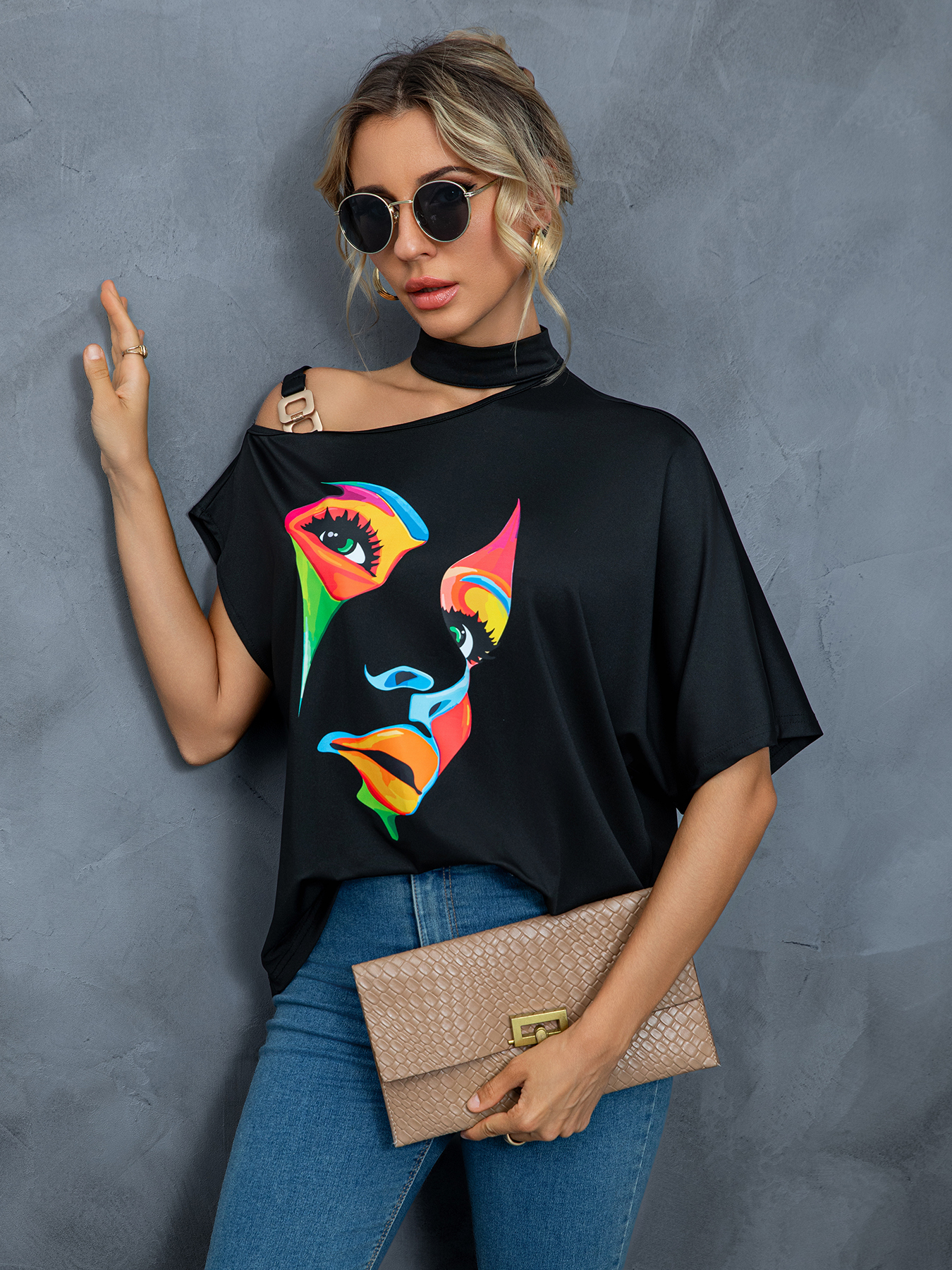 Women's Black One - Shoulder Top with Colorful Face Print-Aegean-sea