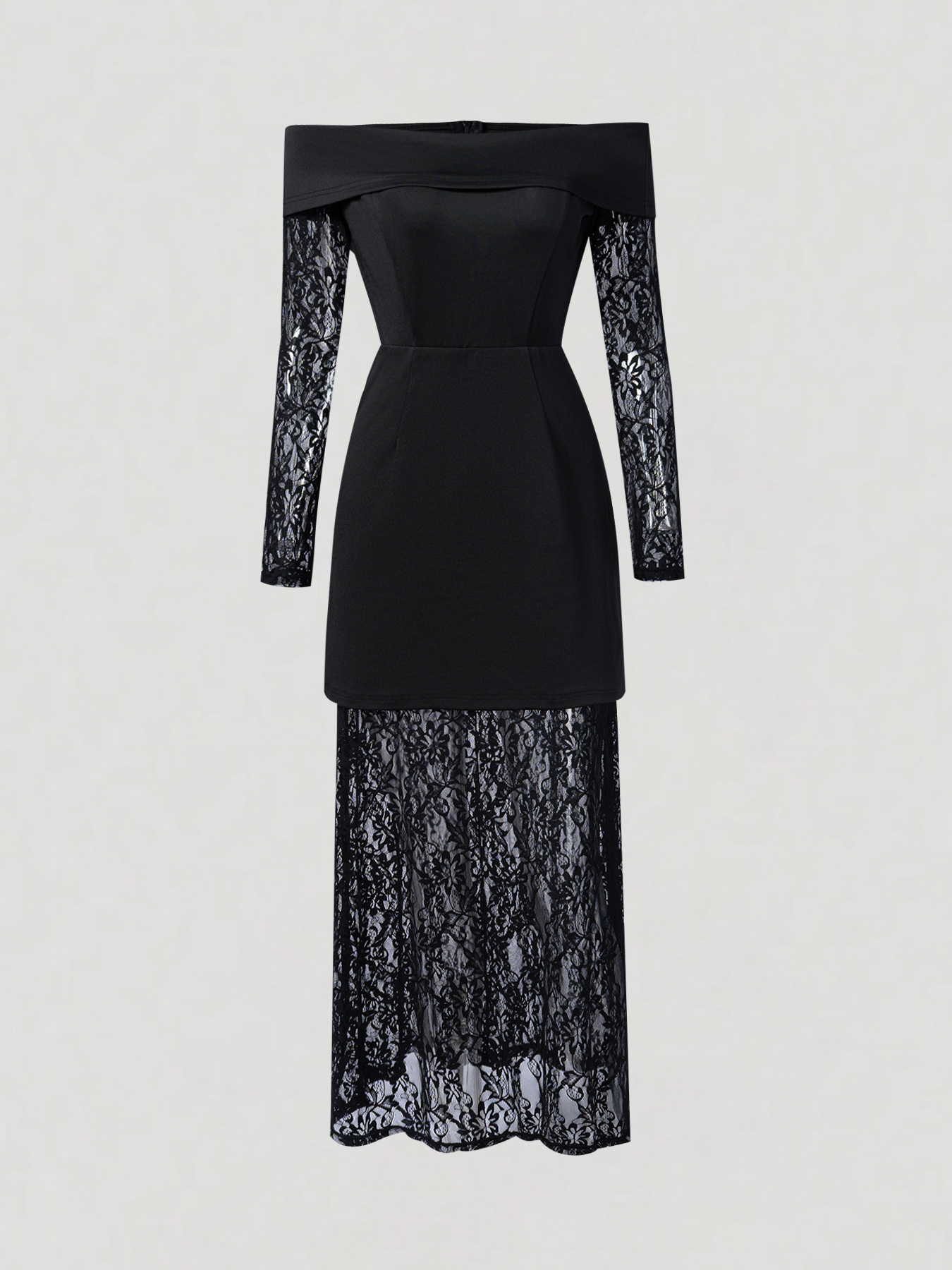 Black off-the-shoulder lace patchwork dress with long sleeves and two faux see-through dresses-Aegean-sea
