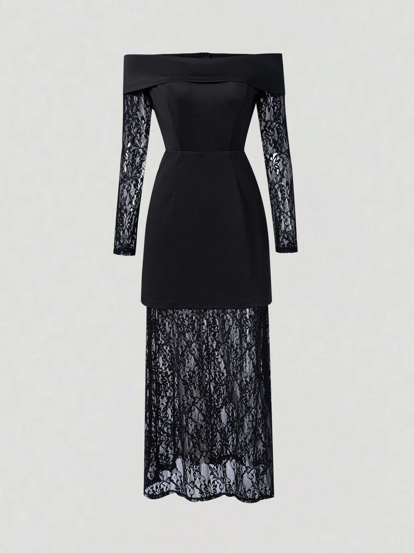Black off-the-shoulder lace patchwork dress with long sleeves and two faux see-through dresses-Aegean-sea