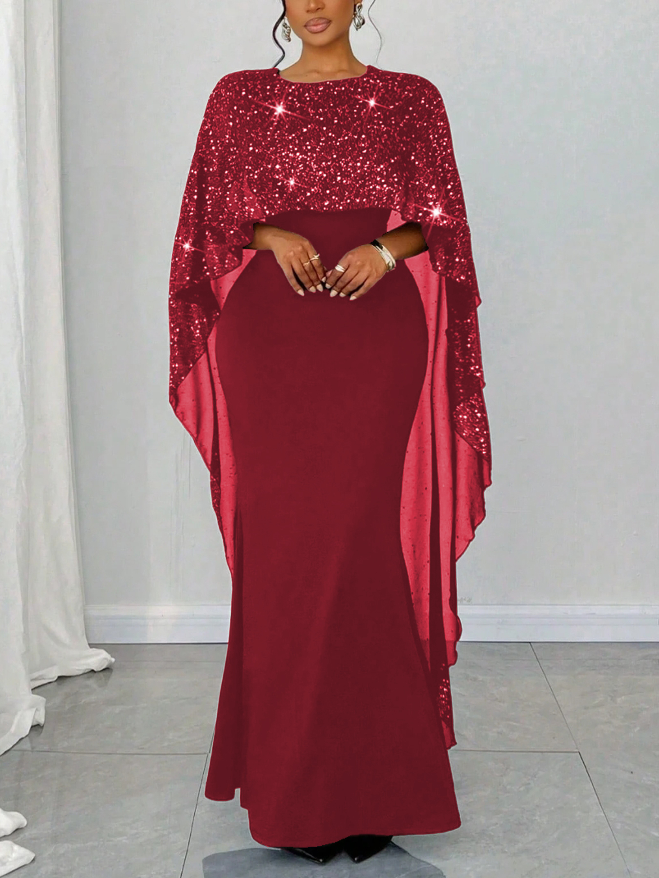 Women's Plus Size Sequin Cape-Sleeve Mermaid Maxi Dress-Aegean-sea