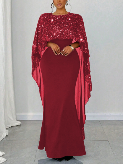 Women's Plus Size Sequin Cape-Sleeve Mermaid Maxi Dress-Aegean-sea