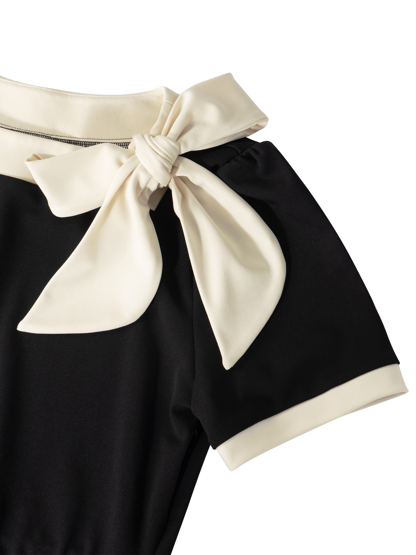 Woman's Vintage Elegant Style Black & White Dress: Bow Paneled Fitted Office Elegant Dress