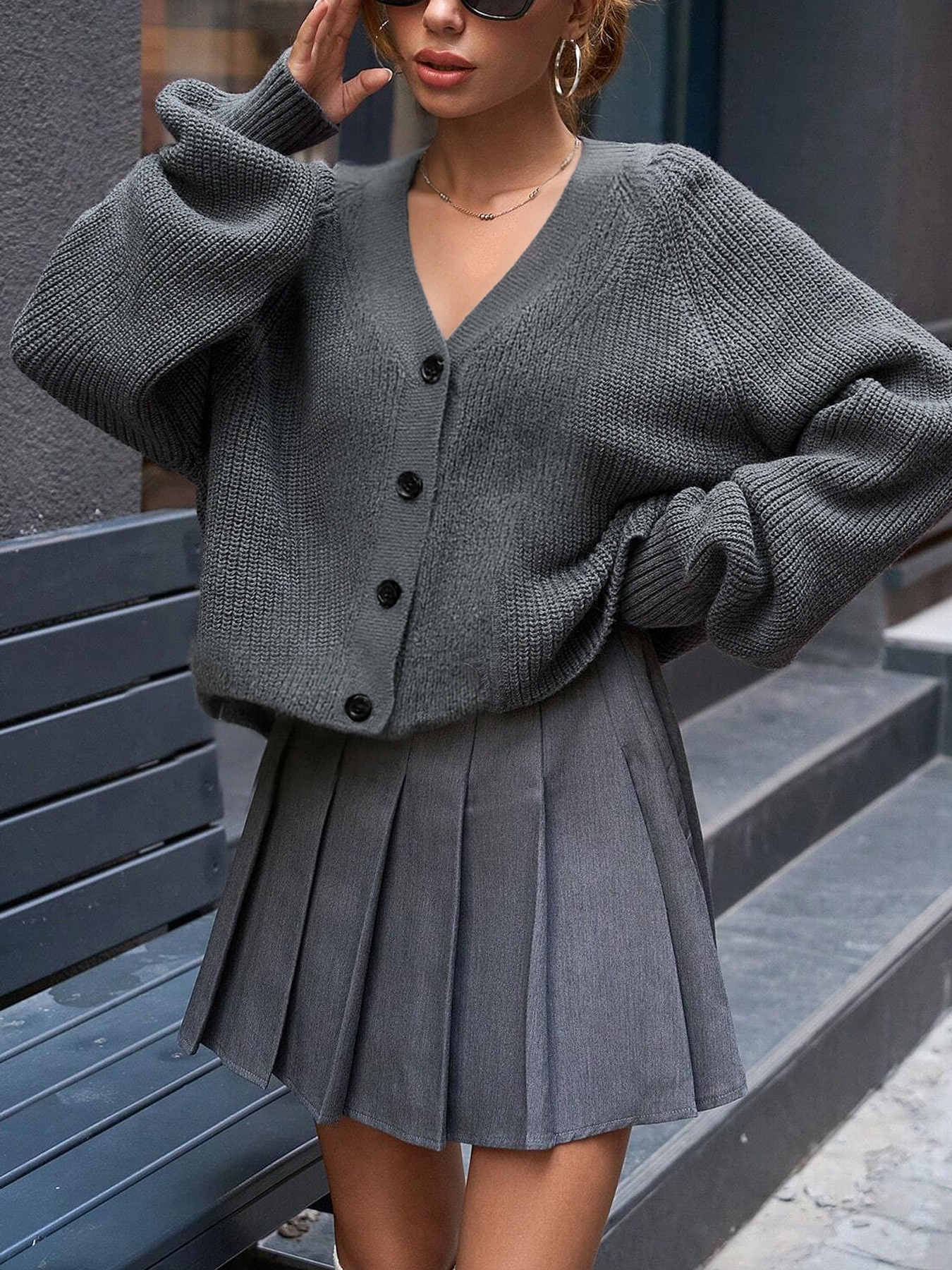 Gray Button-Front Loose Fit Knit Cardigan-Aegean-sea