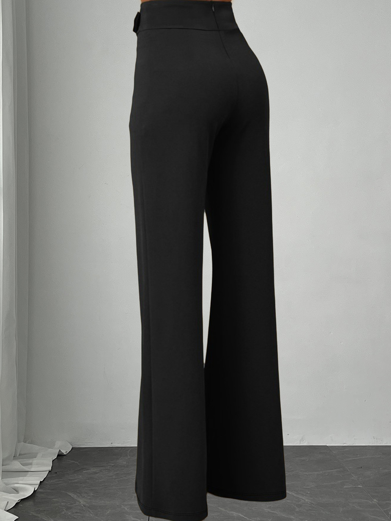 Black High-Waisted Wide Leg Pants with Gold Buckle Detail-Aegean-sea