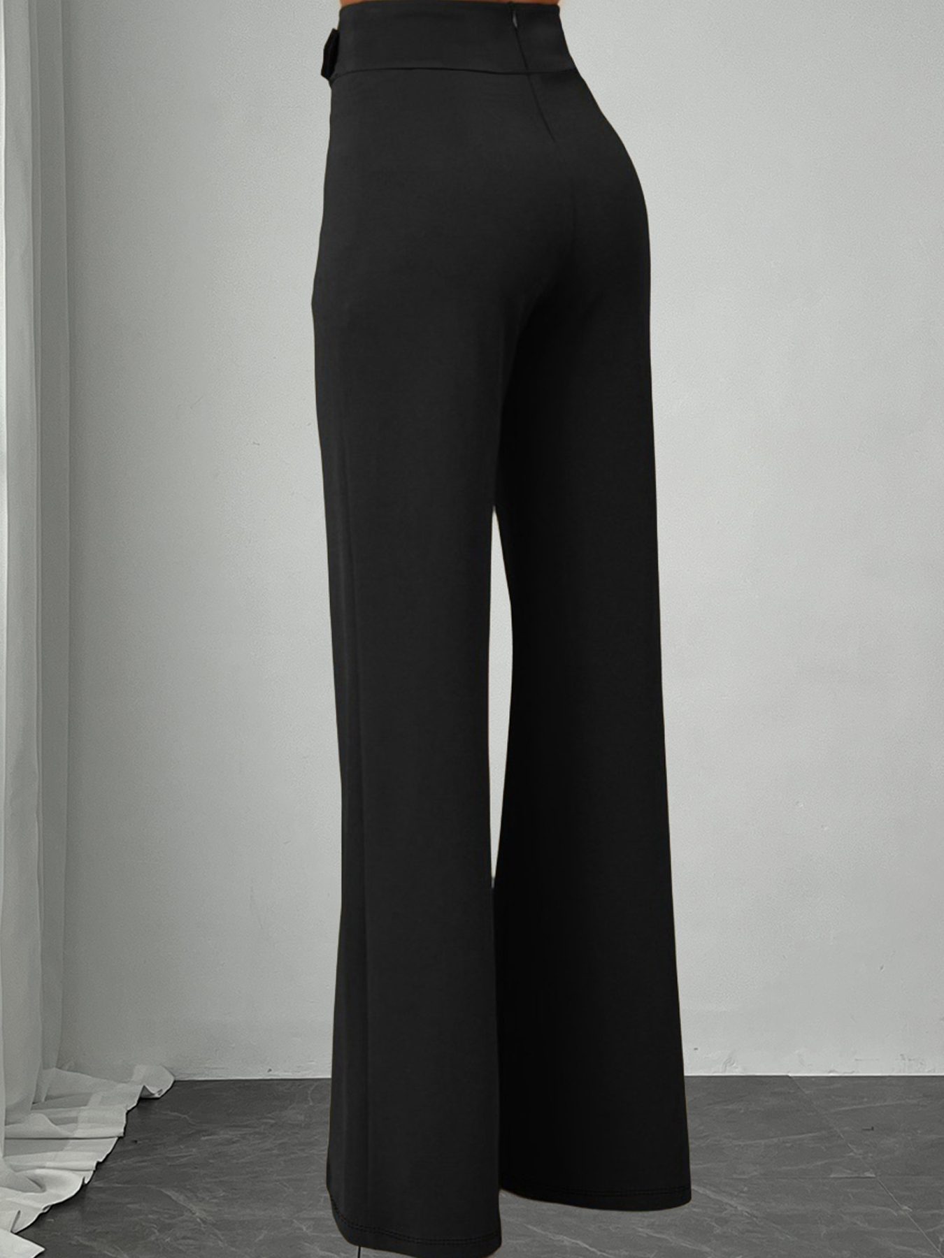 Black High-Waisted Wide Leg Pants with Gold Buckle Detail-Aegean-sea