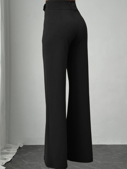 Black High-Waisted Wide Leg Pants with Gold Buckle Detail-Aegean-sea