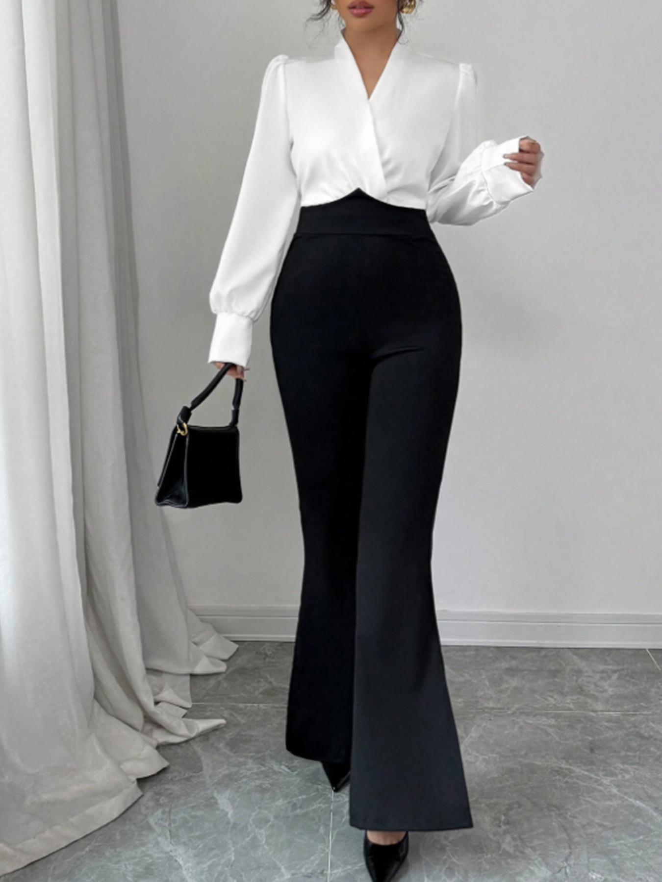 Woman's White Wrap Blouse & Black High-Waisted Flare Pants Two-Piece Set-Aegean-sea
