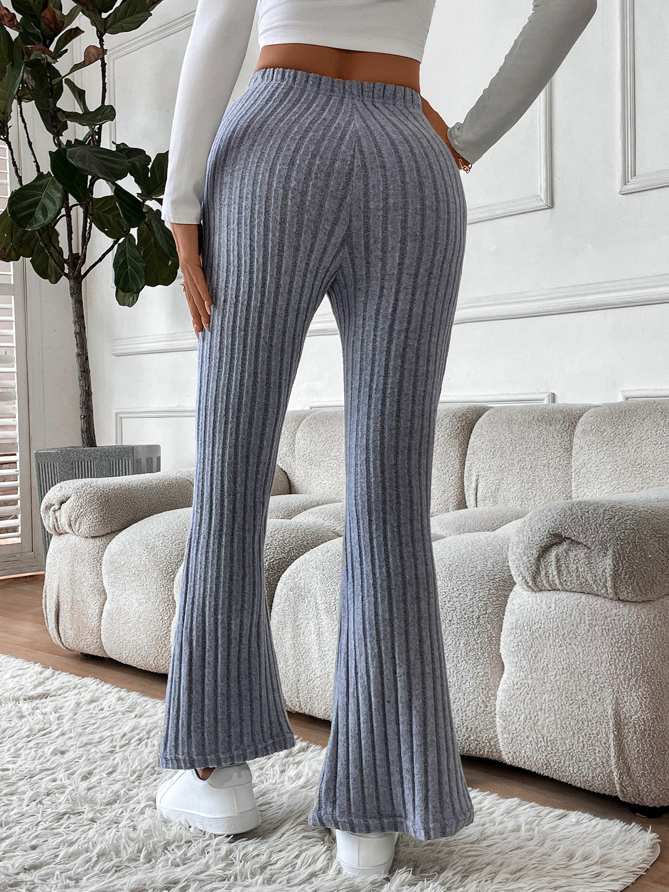 Gray vertical knit bell-bottom pants for women-Aegean-sea