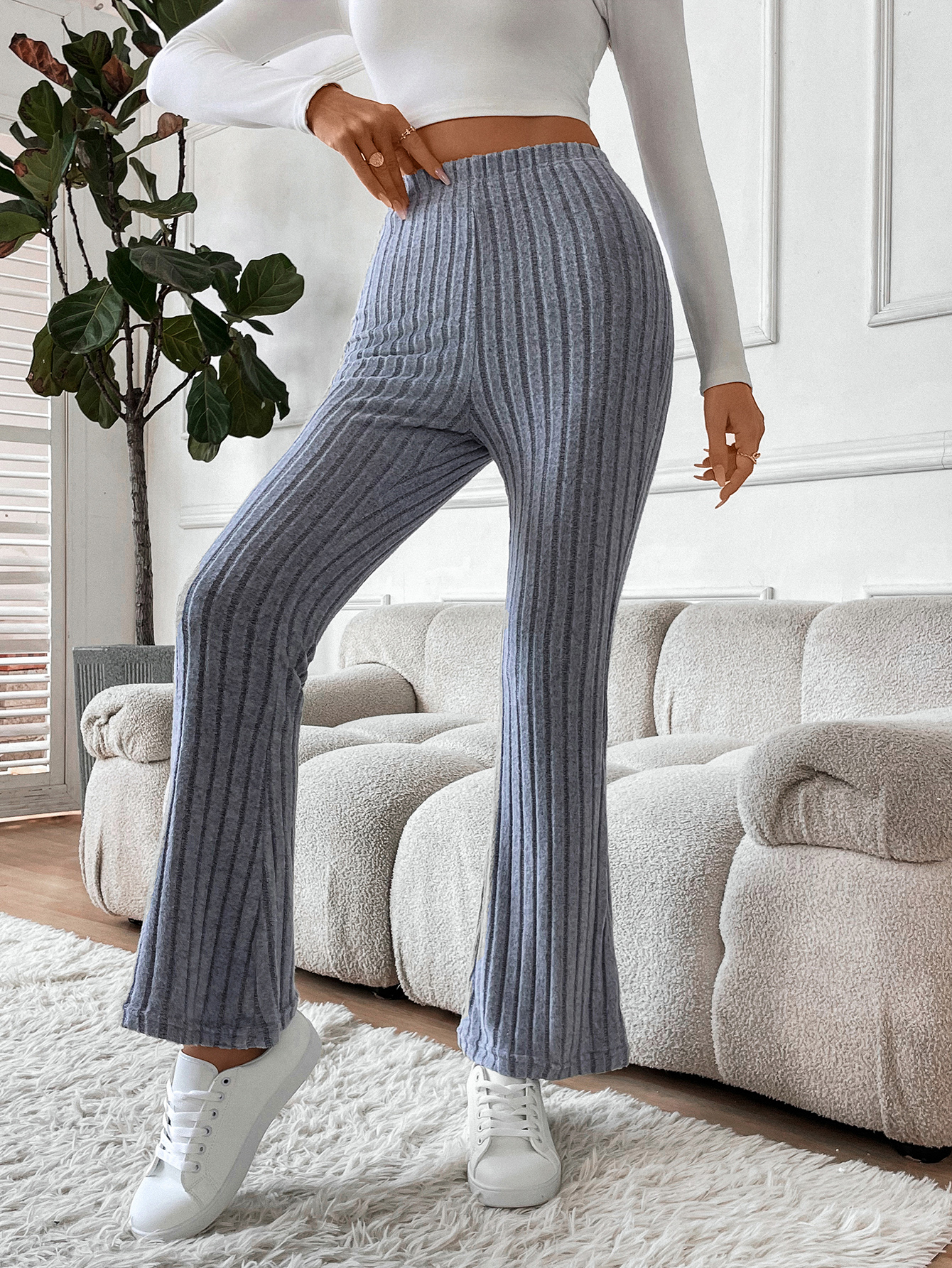 Gray vertical knit bell-bottom pants for women-Aegean-sea