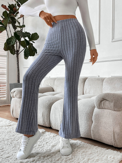 Gray vertical knit bell-bottom pants for women-Aegean-sea