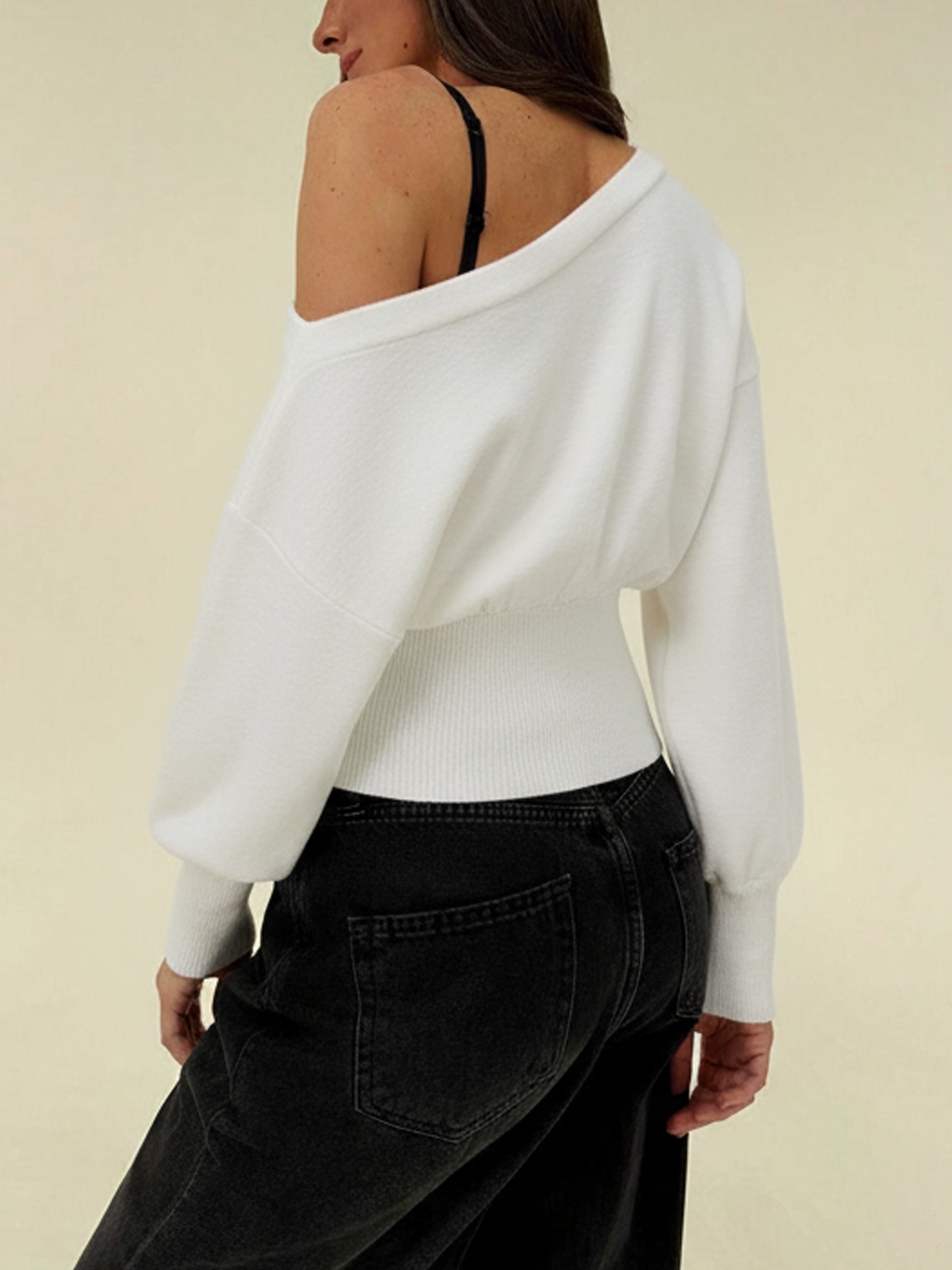 White Off-The-Shoulder Long Sleeve Knit Top with Ribbed Waist