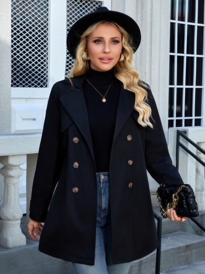 Woman's Black Double-Breasted Belted Trench Coat | Mid-Length Notch Lapel Office Vintage Jacket