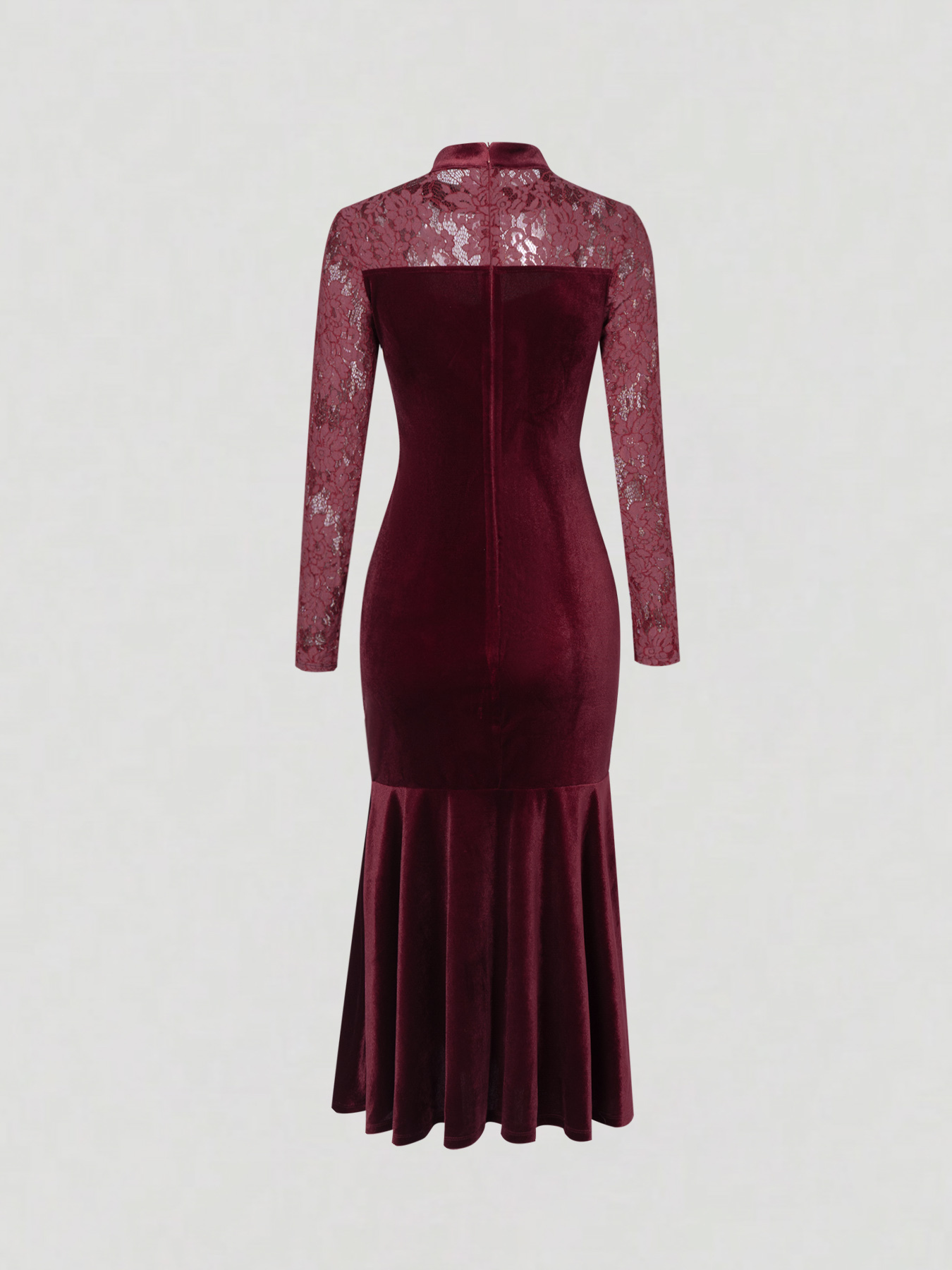 Woman's Burgundy Velvet Lace Long Sleeve Halter Sweetheart Mermaid Dress