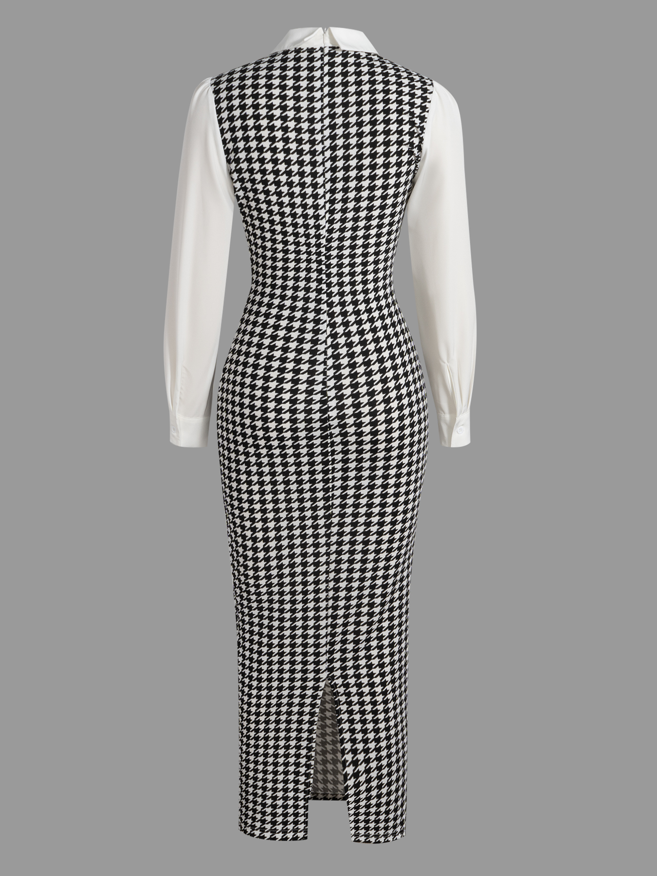 Woman's Black & White Houndstooth Two-In-One Dress | White Shirt Collar Puff Sleeve Fitted Maxi Office Dress-Aegean-sea