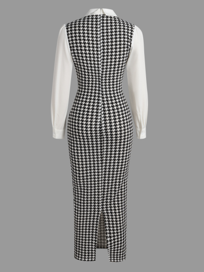 Woman's Black & White Houndstooth Two-In-One Dress | White Shirt Collar Puff Sleeve Fitted Maxi Office Dress-Aegean-sea