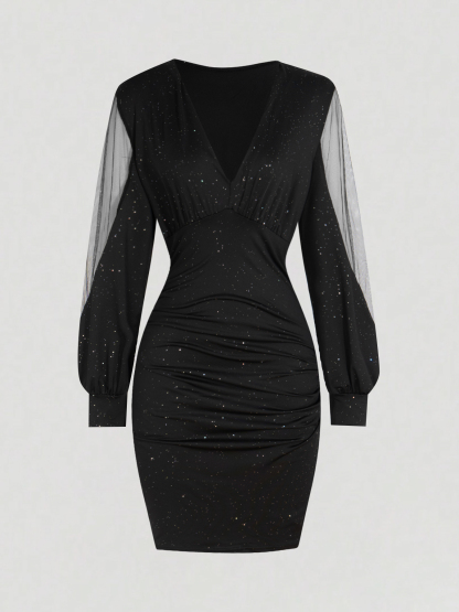 Black Mesh Minidress with Long-Sleeve Spangled and Women‘s Bodysuit-Aegean-sea