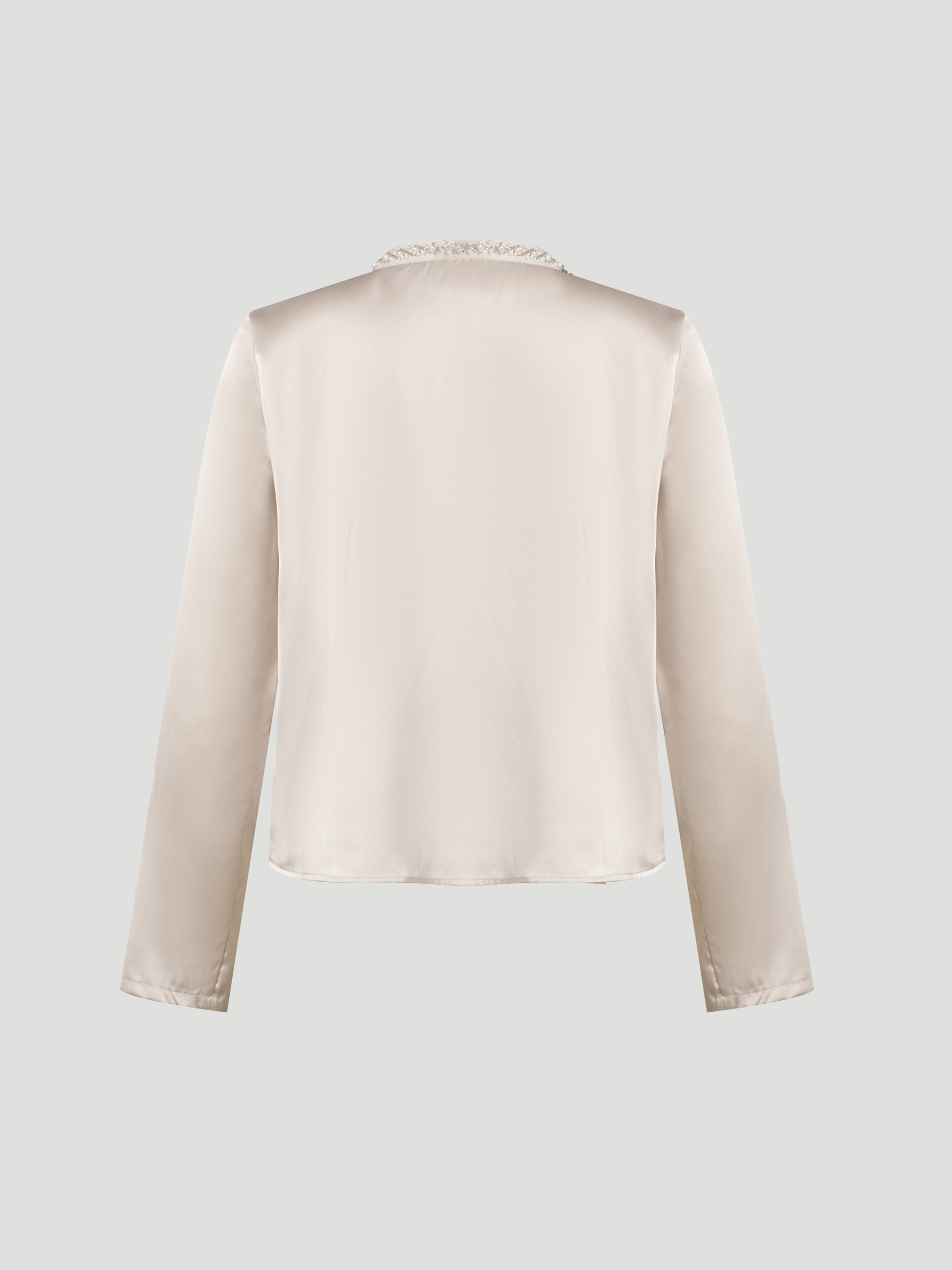 Beige Satin V-Neck Blouse with Pearl Trim-Aegean-sea