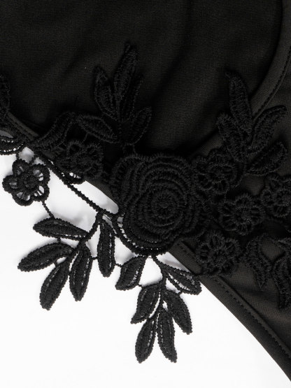 Woman's Black Halter Neck Chest Cutout Floral Dress | Fitted High Slit Midi Sexy Dress-Aegean-sea