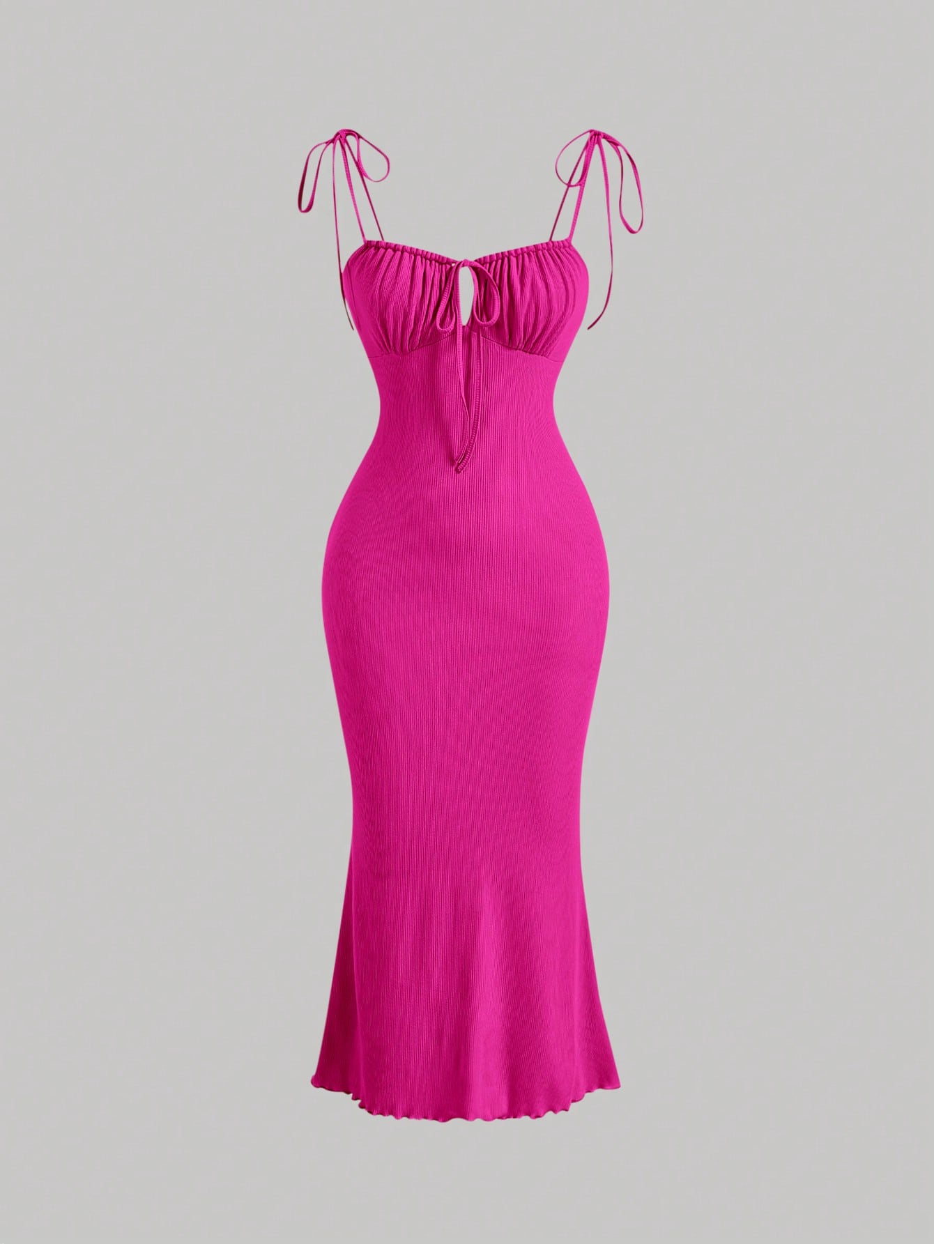 Woman's Fuchsia Tie Shoulder Sweetheart Neck Ruched Bodycon Midi Dress-Aegean-sea