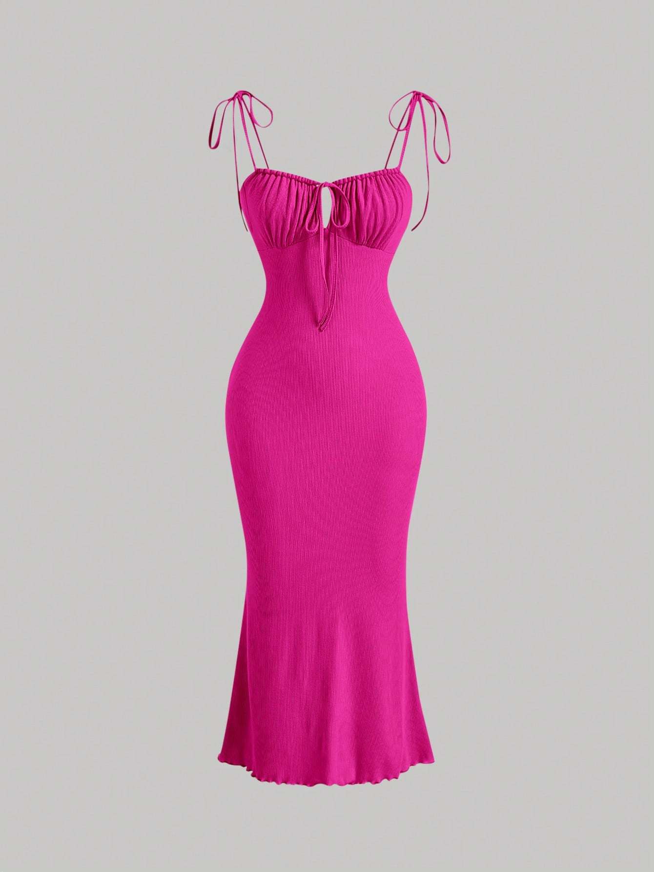Woman's Fuchsia Tie Shoulder Sweetheart Neck Ruched Bodycon Midi Dress-Aegean-sea