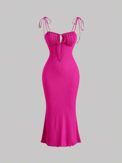 Woman's Fuchsia Tie Shoulder Sweetheart Neck Ruched Bodycon Midi Dress-Aegean-sea