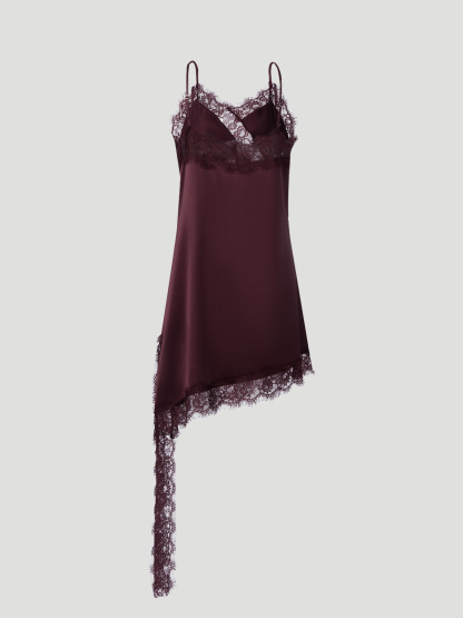 Vestido con tirantes de encaje de satén color vino Mujer falda corta de falda irregular sexy