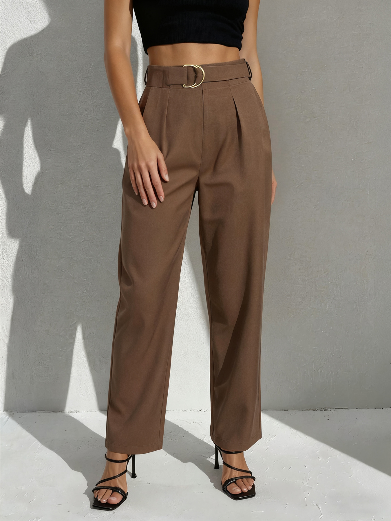 Women's Elegant High Waisted Pleated Tapered Pants with D-Ring Belt