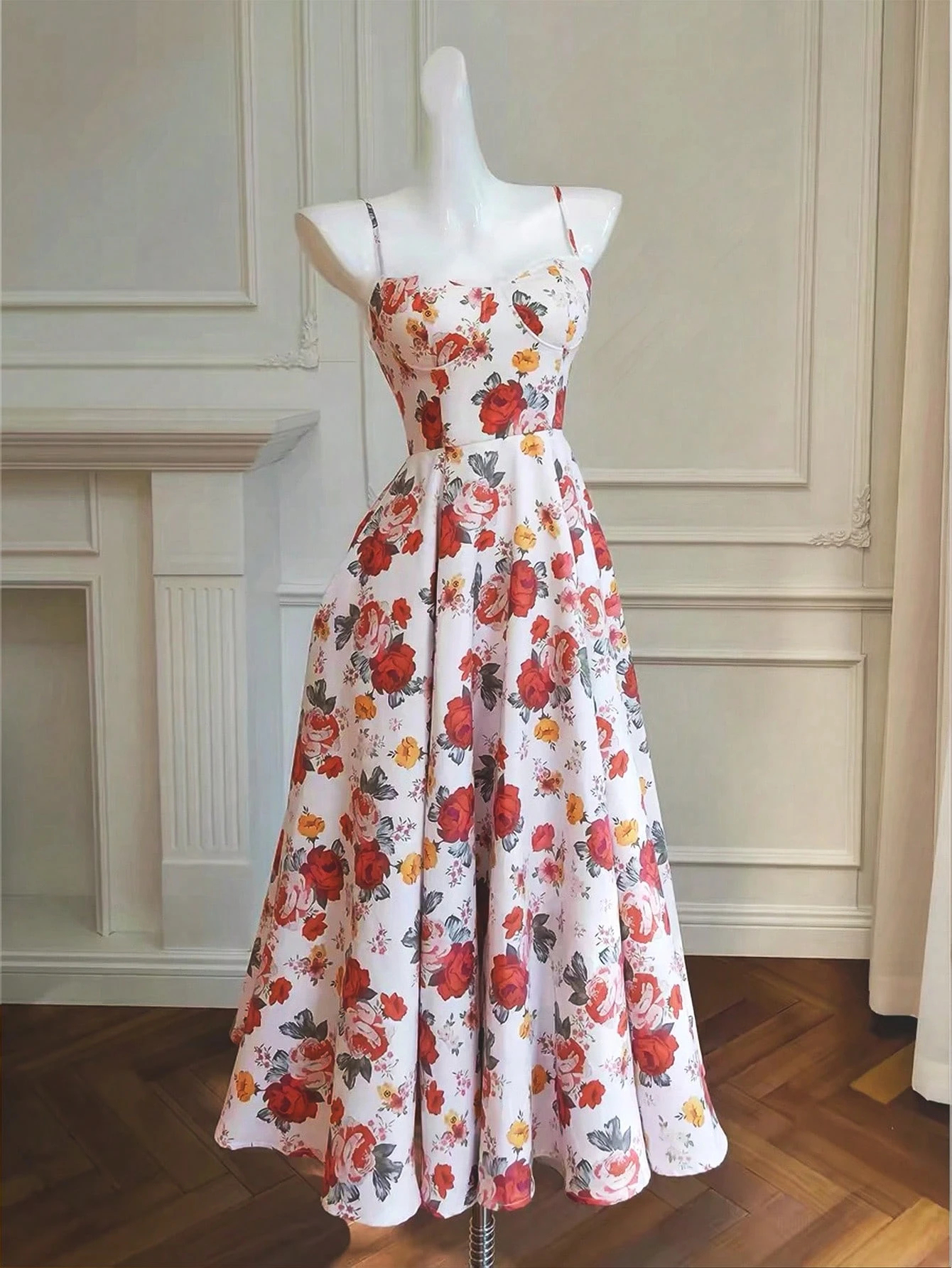 Women's Spaghetti Strap Floral Print Maxi Dress - Sweetheart Neck A-Line Summer Dress