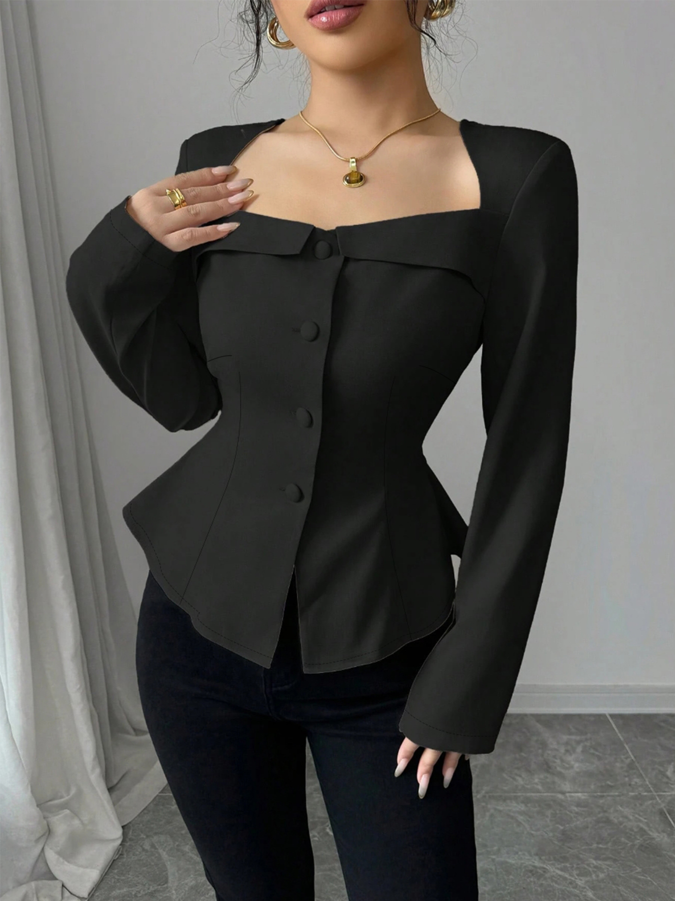 Woman's French Chic Wide Lapel Waist-Cinching Slimming Chanel-Inspired Blouse-Aegean-sea