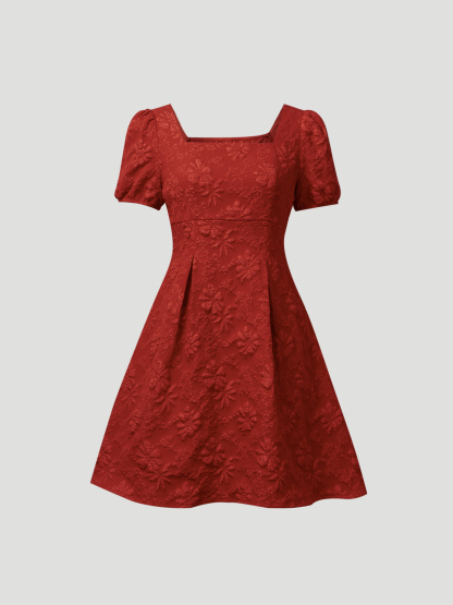 Red square neck floral print puff sleeve dress