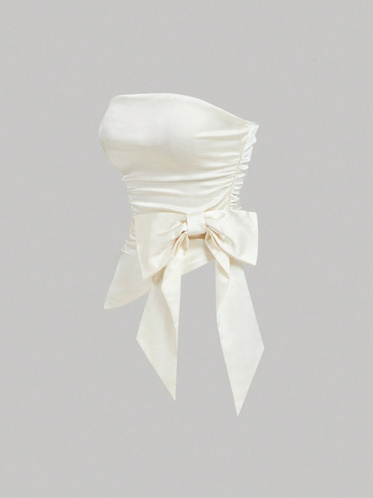 Woman's Ivory Satin Strapless Ruched Side Tie Front Corset Top-Aegean-sea