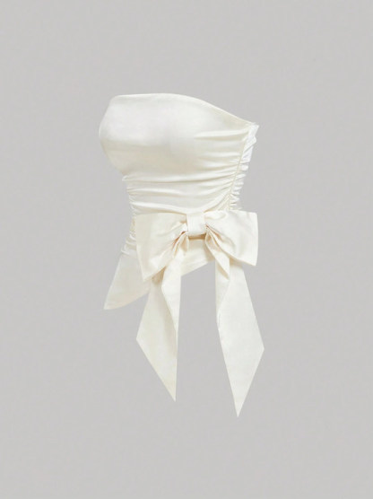 Woman's Ivory Satin Strapless Ruched Side Tie Front Corset Top-Aegean-sea