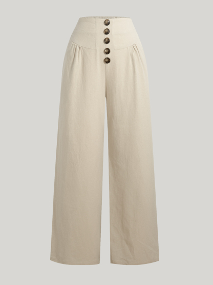 Beige single-breasted high-waisted wide-legged pants for women loose-fitting slim-looking drooping casual pants