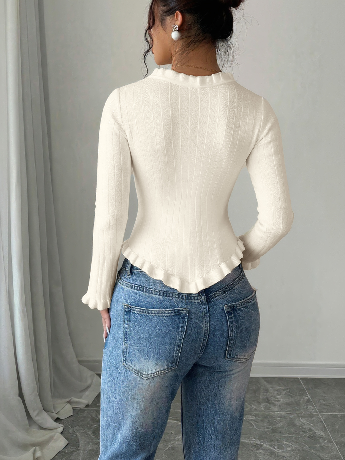 Woman's White Ruffled Square Neck Ribbed Knit Top with Pearl Buttons-Aegean-sea