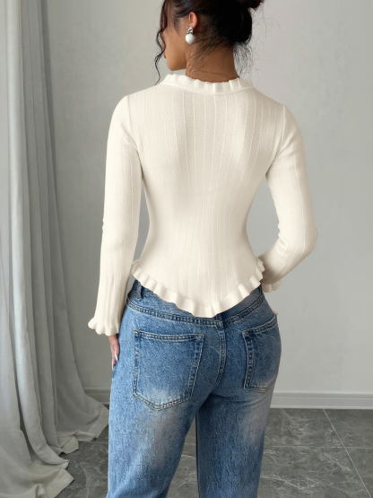 Woman's White Ruffled Square Neck Ribbed Knit Top with Pearl Buttons-Aegean-sea